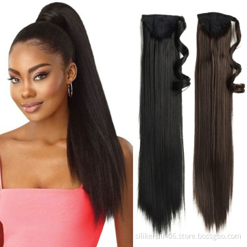 Soft Black 24 inch Long Straight Drawstring Ponytail Hairpiece With Hairpins Pony Tail Hair Extensions Synthetic Ponytail